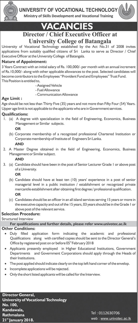 Director / Chief Executive Officer - University College of Batangala - University of Vocational Technology